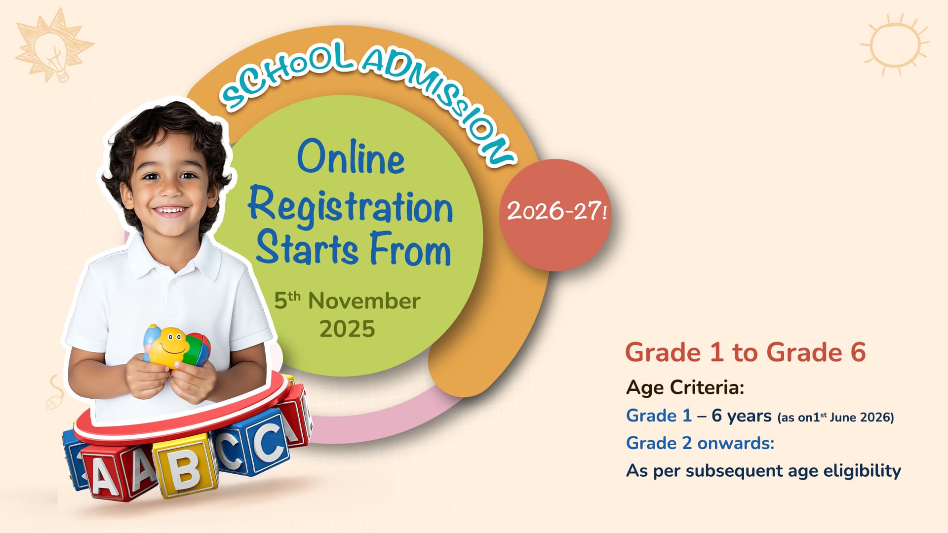 School admission 2026-27 – Online registration starts 5th November 2025 for Grades 1 to 6, age eligibility details included