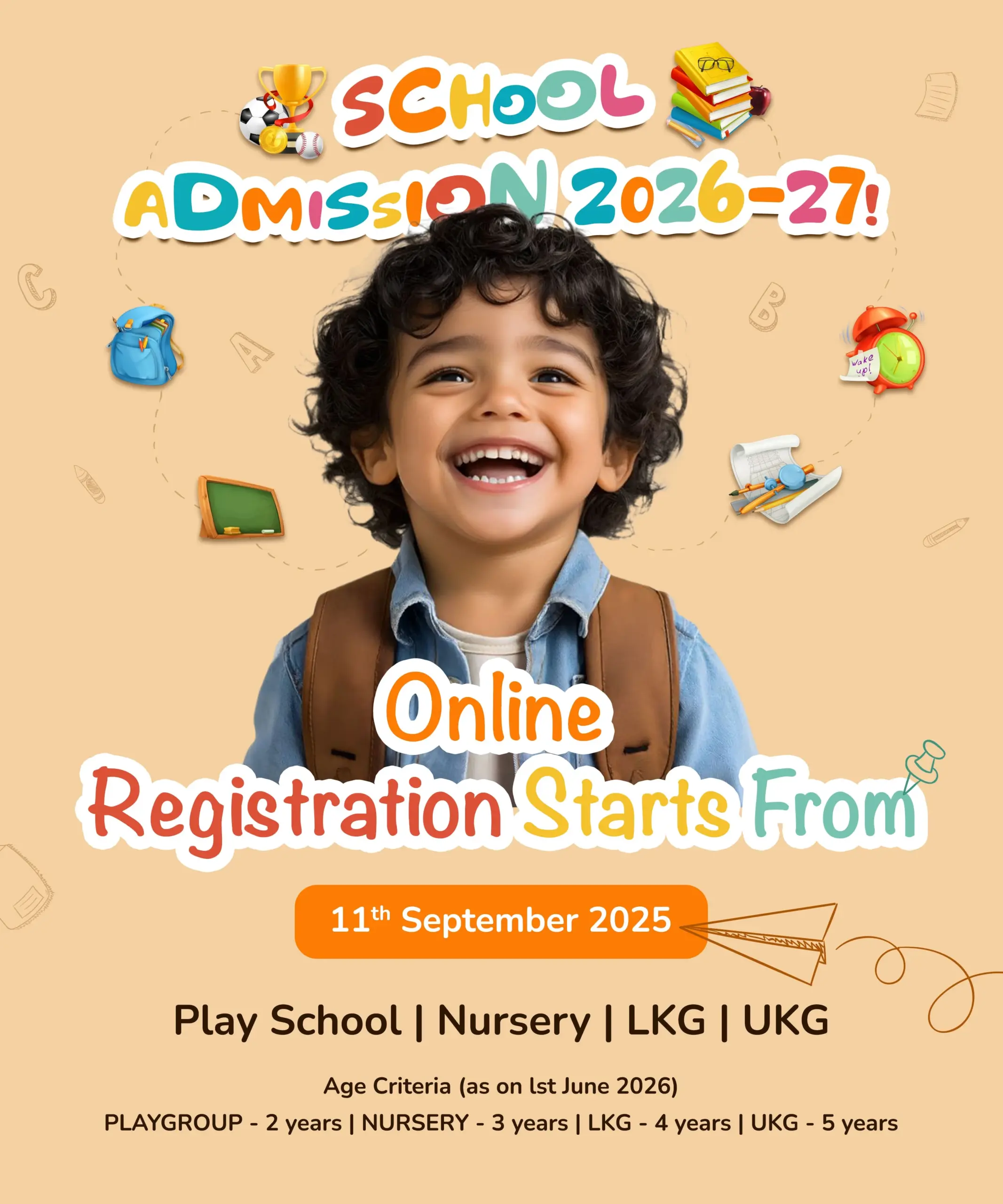 Happy child with backpack promoting New Horizon preschool admissions 2026–27; online registration starts from 11th September 2025 for Play School, Nursery, LKG, and UKG with age criteria.