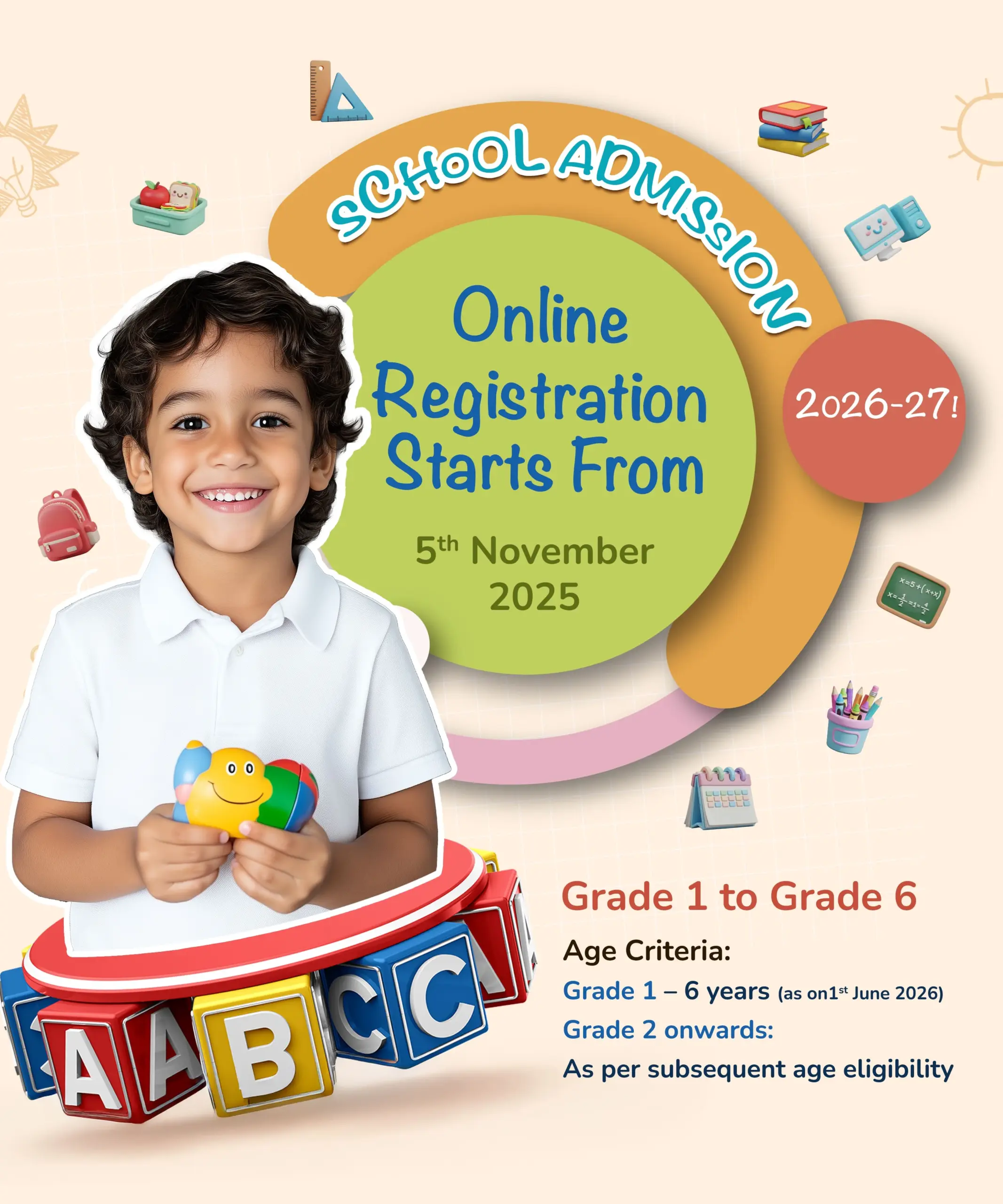 Smiling child holding a toy promoting New Horizon School admissions 2026–27; online registration starts from 5th November 2025 for Grade 1 to Grade 6 with age criteria.