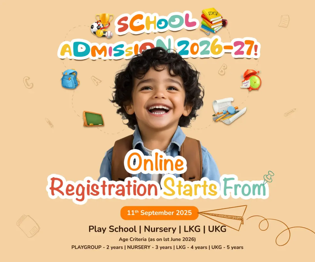 Happy child with backpack promoting New Horizon preschool admission 2026-27, online registration starts from 11th September 2025 for Play School, Nursery, LKG, and UKG